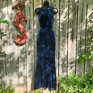Vintage Morgan & Co. Y2k Blue Velvet Maxi Dress Sz 1 Goth Fairy Corset Open back